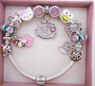 STERLING SILVER PANDORA CHARM BRACELET WITH PINK CRYSTAL LOVE MY KITTY CHARMS! - Image 1 of 4
