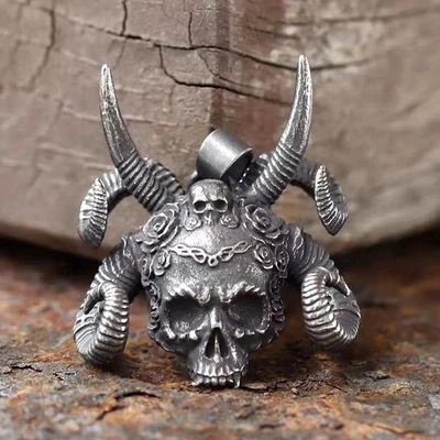 Gothic Multi-Horned Skull Stainless Steel Detailed Silver Pendant Jewelry - Image 1 of 4