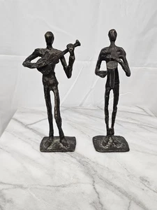 2 statuine brutaliste bronzo fuso musicista chitarra jazz sax player 8" vintage MCM - Foto 1 di 11