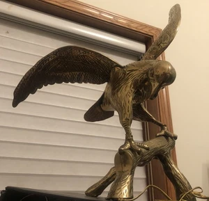 Vintage Brass Eagle Hawk Branch Statue Heavy American Figurine 18” Spread Wings - Picture 1 of 18