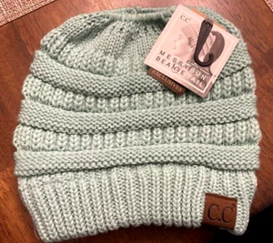 C.C Messy Bun Pony Tail Mint Green Beanie - Picture 1 of 2