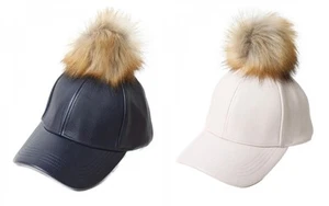 POMPOM POM POM FUR BALL FAUX LEATHER BASEBALL CAP UNISEX  HAT CELEBRITY - Picture 1 of 8