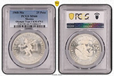 MEXICO SILVER UNC 25 PESO COIN 1968 YEAR KM#479.1 OLYMPIC PCGS GRADING MS66 - Image 1 of 3