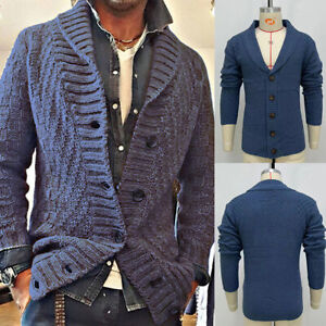 Mens Lapel Collar Knitted Coat Autunm Winter Warm Button Down Sweater Cardigan