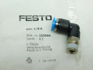 NEW! FESTO Model - QSL-1/8-6 Part#- 153046 PUSH IN L-FITTING PIPE FITTING G LV - Picture 1 of 1