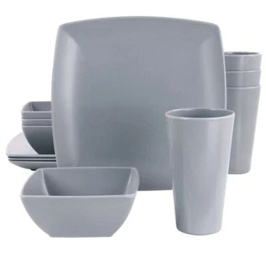 Gibson Home 12 Piece Grayson Melamine Square Dinnerware Set in Gray - Picture 1 of 1