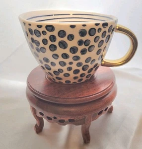 Tazza asimmetrica The Old Pottery Co blu a pois/strisce manico oro art deco - Foto 1 di 7