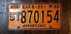 1996 ARKANSAS Apportioned License Plate ST 870154.  Fast Free Shipping