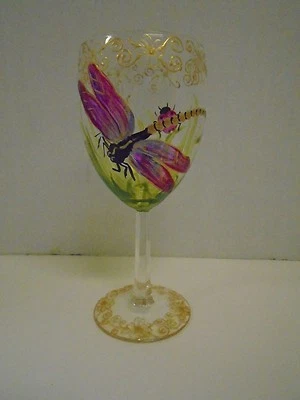 Dragonfly Lady Bug Wine Glass Hand Painted Purple Gold Green White Dragon Fly - Image 1 of 4