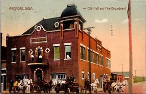 Ardmore OK City Hall & Fire Department Horse Drawn Fire Engines Vintage Postcard - Picture 1 of 2