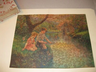 1940 Leisure Moment Wooden Masonite Jigsaw Puzzle, Original Box , Fishing, CT - Image 1 of 4