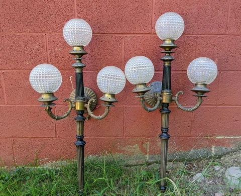 Vintage MCM Art Deco Gold & Black Torch Lamp Wall Sconces Deep Cut Globe Shades Cover