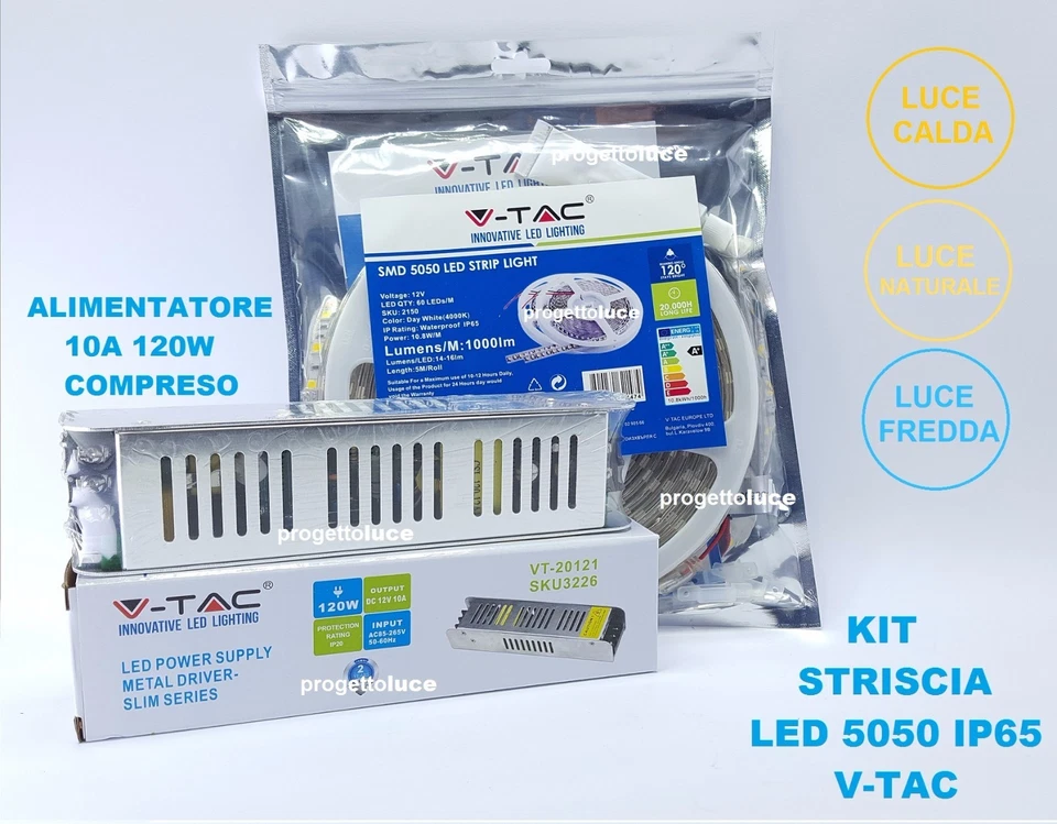KIT 5050 STRIP LED STRISCIA 5 MT IP65 LUCE LED  CON ALIMENTATORE 12V 10A  V-TAC  - Immagine 1 di 1