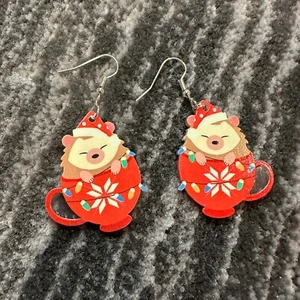 Earrings Hedgehog In Christmas Cup Dangle Holiday Fashion Jewelry Cute Gift New - Picture 1 of 4