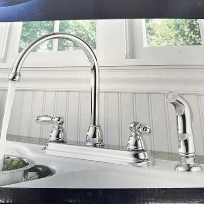 Claymore 2手柄厨房水槽龙头和侧面喷雾器铬制P299575LF-W 2cntr-5 — 第 1/4 张图片