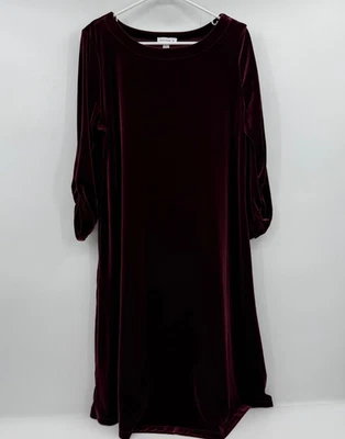 Susan Graver Dress Women Large Burgundy Velour Ruched Sleeves Stretch Holiday - Image 1 of 4