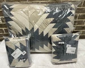 Pottery Barn Aubrey Samt Patchwork Full Queen Quilt & Shams 3-teiliges Set blau NEU - Bild 1 von 5