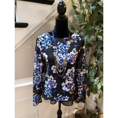Cato 衬衫女式大号黑色蓝色花卉长袖雪纺衬里上衣 — 第 1/4 张图片