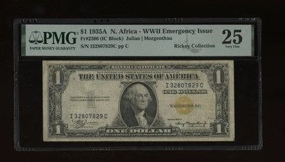 DBR 1935-A $1 North Africa Silver Fr. 2306 IC Block PMG 25 Serial I32807829C - Image 1 of 2