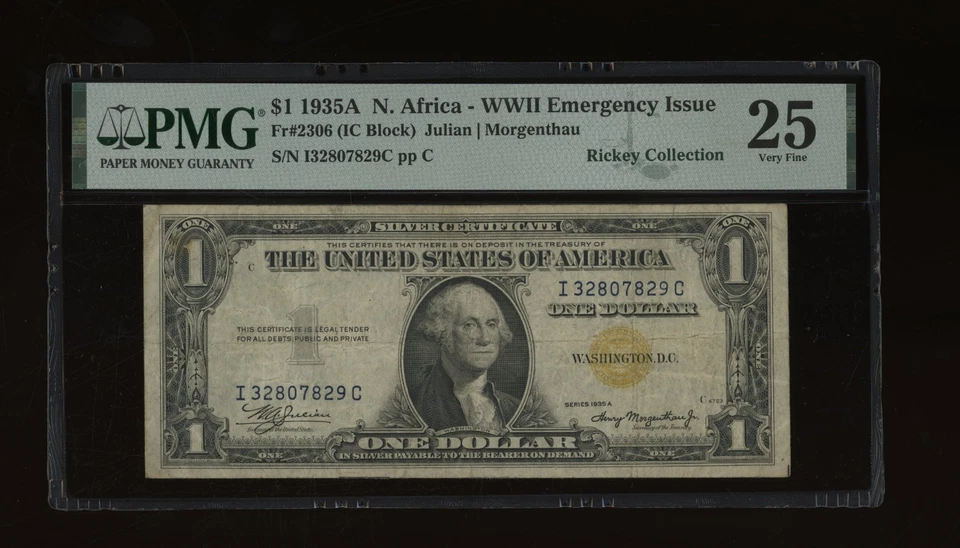 DBR 1935-A $1 North Africa Silver Fr. 2306 IC Block PMG 25 Serial I32807829C - Image 1 of 2