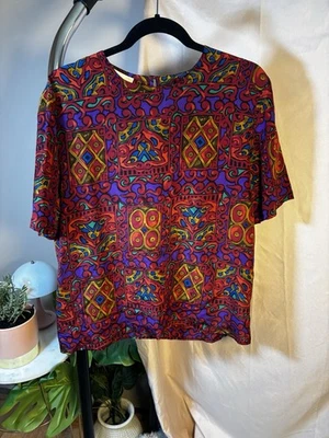 Blusa de seda vintage Christie & Jill manga corta roja estampado fuerte años 90 talla grande Foto 1 de 4