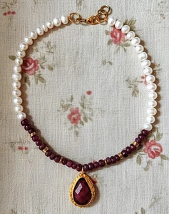 Genuine Ruby 17.08 Carats Pendant & Ruby And Pearls Necklace  - Picture 1 of 11