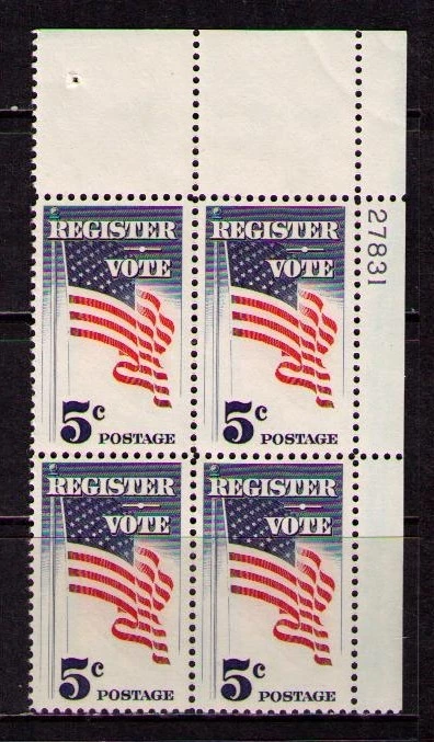 US USA Sc# 1249 MNH FVF PLATE # BLOCK Stars & Stripes Flag Register Vote - Image 1 of 1