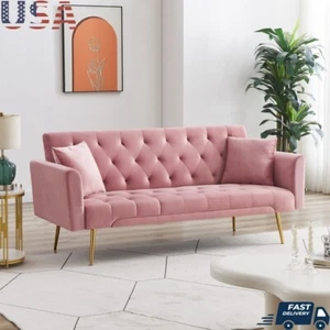 Convertible Velvet Futon Sofa Bed W/ Adjustable Backrest 2 Pillows Living Room - Picture 1 of 7