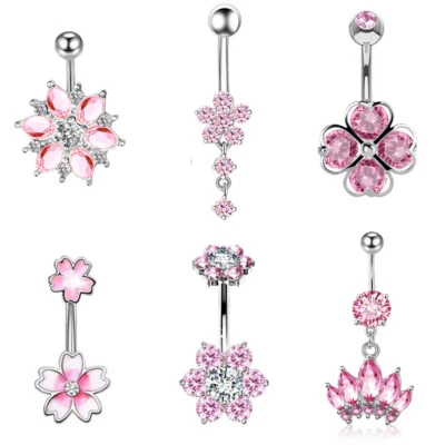 Pink Flower Stainless Steel Crystal Belly Button Piercing Navel Bar Ring Barbell - image 1 of 4