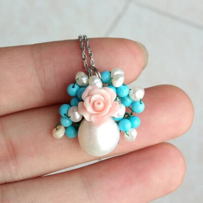 D13 Anhänger Arrangement Blüte Perle und Türkis mit Kette aus Silber 925 - Bild 1 von 4
