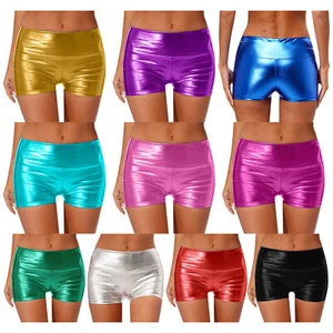 Pantalones cortos metálicos brillantes ajustados para mujer Wet Look para fiesta discoteca club de baile - Imagen 1 de 90