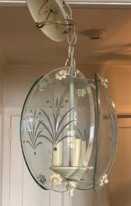 Vtg 40's - 50's Ivory Metal Convex Glass Floral Pendant Hanging Light Cottage - Picture 1 of 13