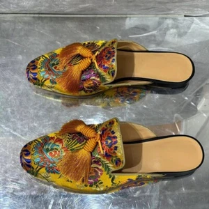 Men's Fashion Round Toes Thick Heels Slippers Tassel Embroidery Casual Shoes - Picture 1 of 13