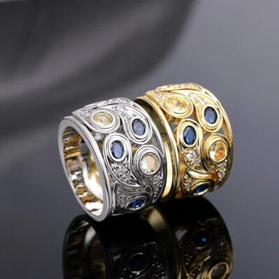 Anel de noivado de casamento feminino folheado a ouro 18k cintilante CZ banda larga 2 cores - Imagem 1 de 4