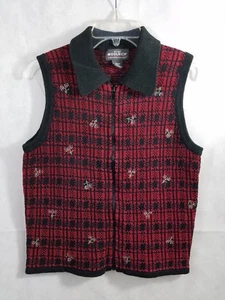Chaleco Suéter Woolrich Para Mujer Talla Pequeña Sin Mangas Rojo y Negro Floral Cremallera Frontal - Imagen 1 de 7