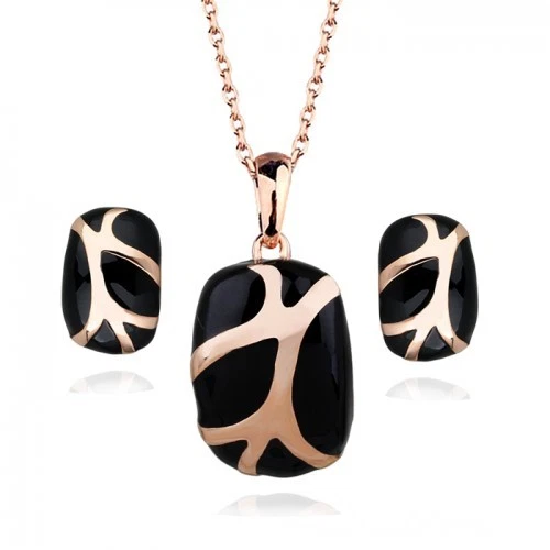  HERMOSO JUEGO DE COLLAR Y PENDIENTES ITALIA CHAPADO EN ORO ROSA Y ESMALTE NEGRO 18K  Foto 1 de 1