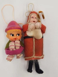 Antique Clay Face Cotton Spun Santa Claus Ornament & Tiny Knee Hugger Elf Pixie - Picture 1 of 16