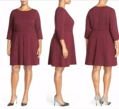 Eliza J Women's Size 14 W Pleat Front Fit & Flare Dress Maroon 3/4 Sleeves NWT - Image 1 of 4