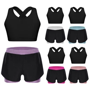 Kids Girls Suit Biking Set Vest Top Outfit Gym Keyhole Cross Back Yoga U Neck - Picture 1 of 26