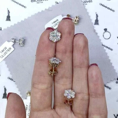 1.9 Ct Lab-Grown Diamond Cluster Flower Stud Earrings 14K Yellow White Rose Gold - Image 1 of 4