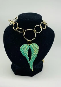 Handmade Gold Chain Necklace with Patina Angel Wings Pendant – Boho Statement Je - Picture 1 of 1