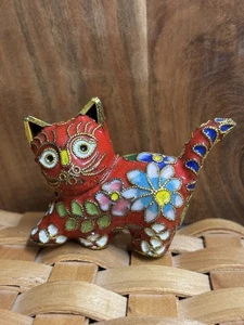 Vintage-Red Body-Cloisonne Cat Figurine Ornate Mix Metal Enamel Floral 1.75”tall - Picture 1 of 5