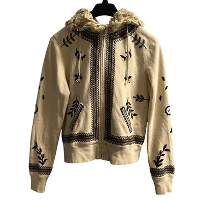 Vintage Lucky Brand Y2K Hoodie Womens L Tan Embroidered Faux Fur Lined Fitted - Image 1 of 4