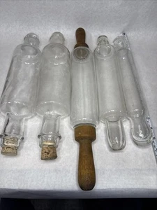 (5) Vintage Clear Glass Rolling Pin Cork Cap Wooden Handle 14” FREE SHIPPING A15 - Picture 1 of 13