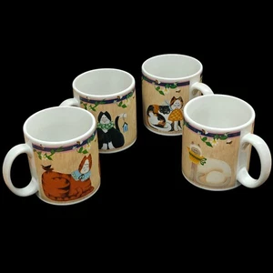 Set of 4 Sakura Fiddlestix Garden Cats Coffee Mugs Flowers Vintage Stoneware NEW - Picture 1 of 15
