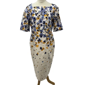 L.K Bennett Dr Devra Dress Size 18 Floral White Blue Orange Cotton BNWT W10 - Picture 1 of 16