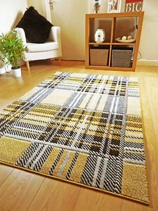 New Mustard Grey Silver Modern Tartan Small Large Thick Soft Floor Mat Rugs - Picture 1 of 1