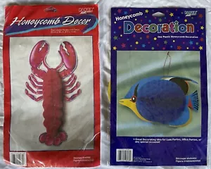 2 HONEYCOMB Decoration PARTY SUPPLIES Red LOBSTER Blue FISH Vintage PAPER ART - Picture 1 of 4