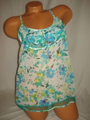 Bongo Tank Top Blue Floral Sheer Lace Ruffle Layered Sleeveless - Image 1 of 4