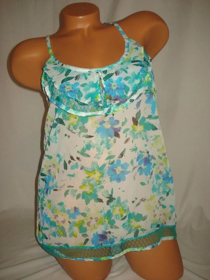 Bongo Tank Top Blue Floral Sheer Lace Ruffle Layered Sleeveless - Image 1 of 4